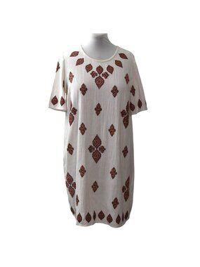 Michael Kors Womens White Boho Dress Brown Embroidery Size 16 New Short Sleeve